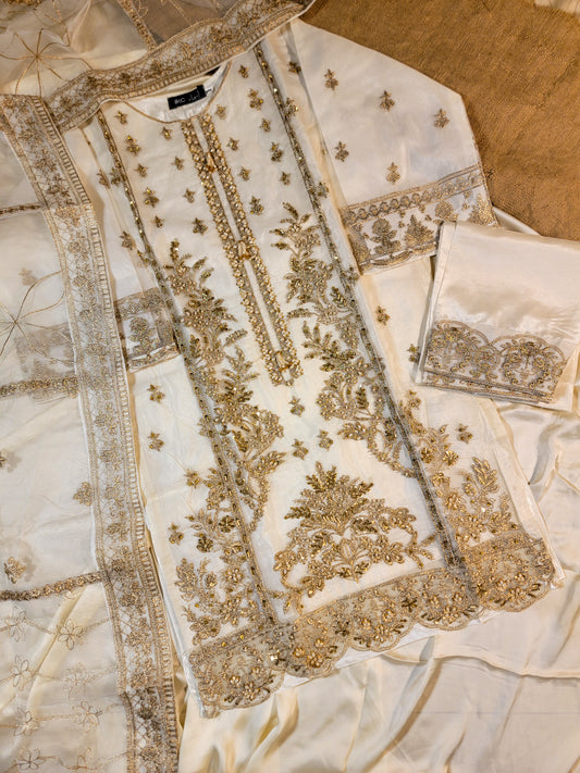 3PC Luxury Organza Embroidered With Full Hand-Made | 4 Borders Dupatta and Trousers