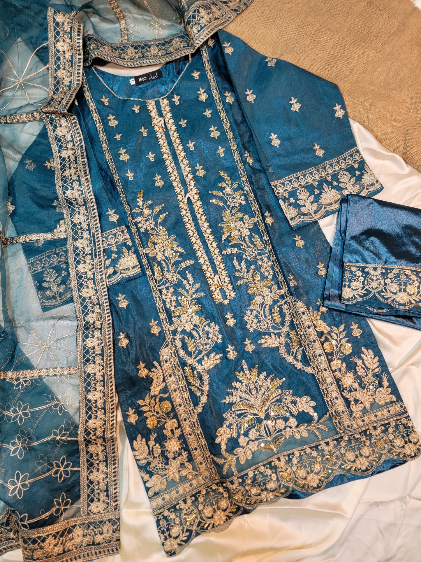 3PC Luxury Organza Embroidered With Full Hand-Made | 4 Borders Dupatta and Trousers