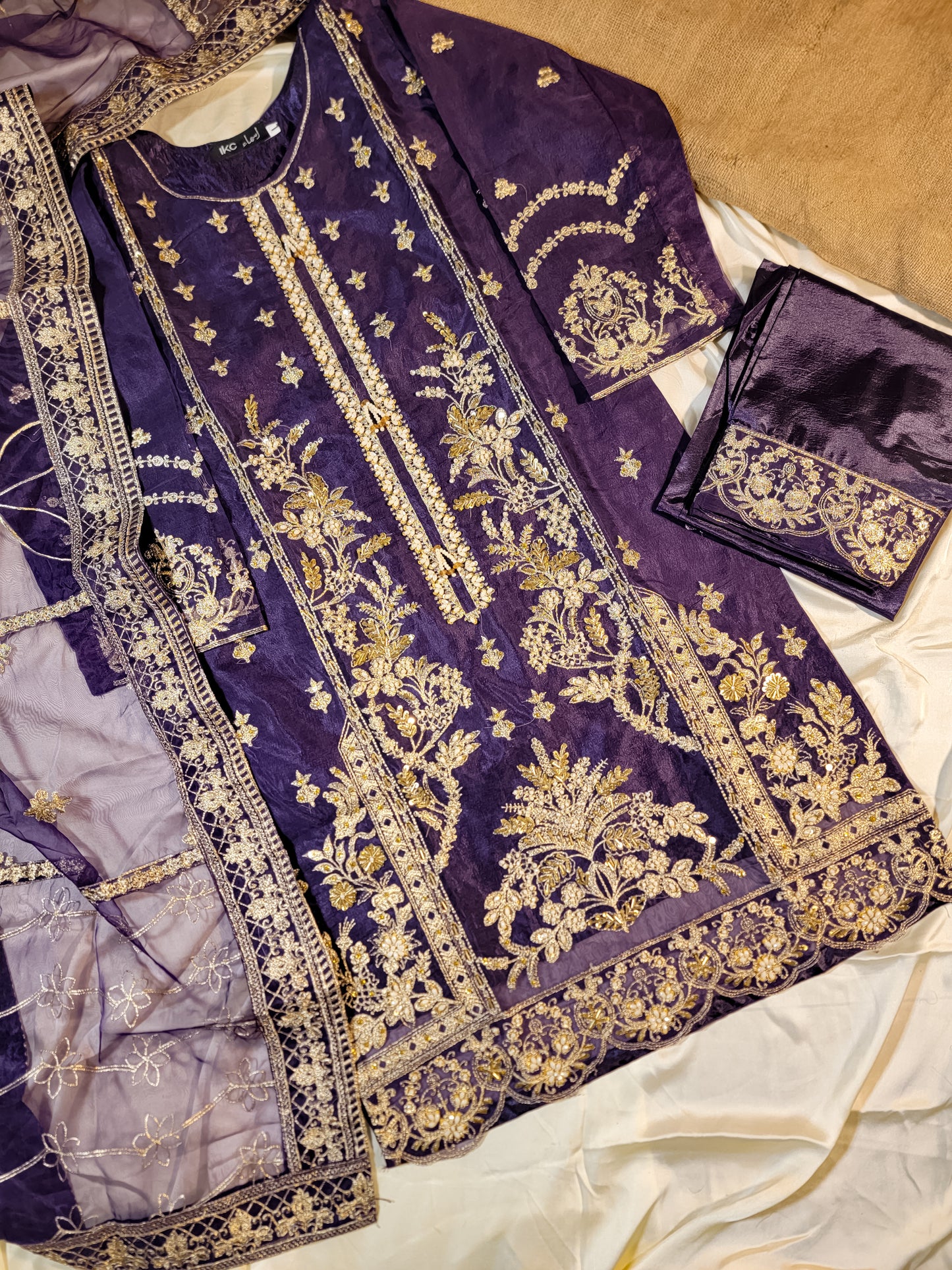 3PC Luxury Organza Embroidered With Full Hand-Made | 4 Borders Dupatta and Trousers