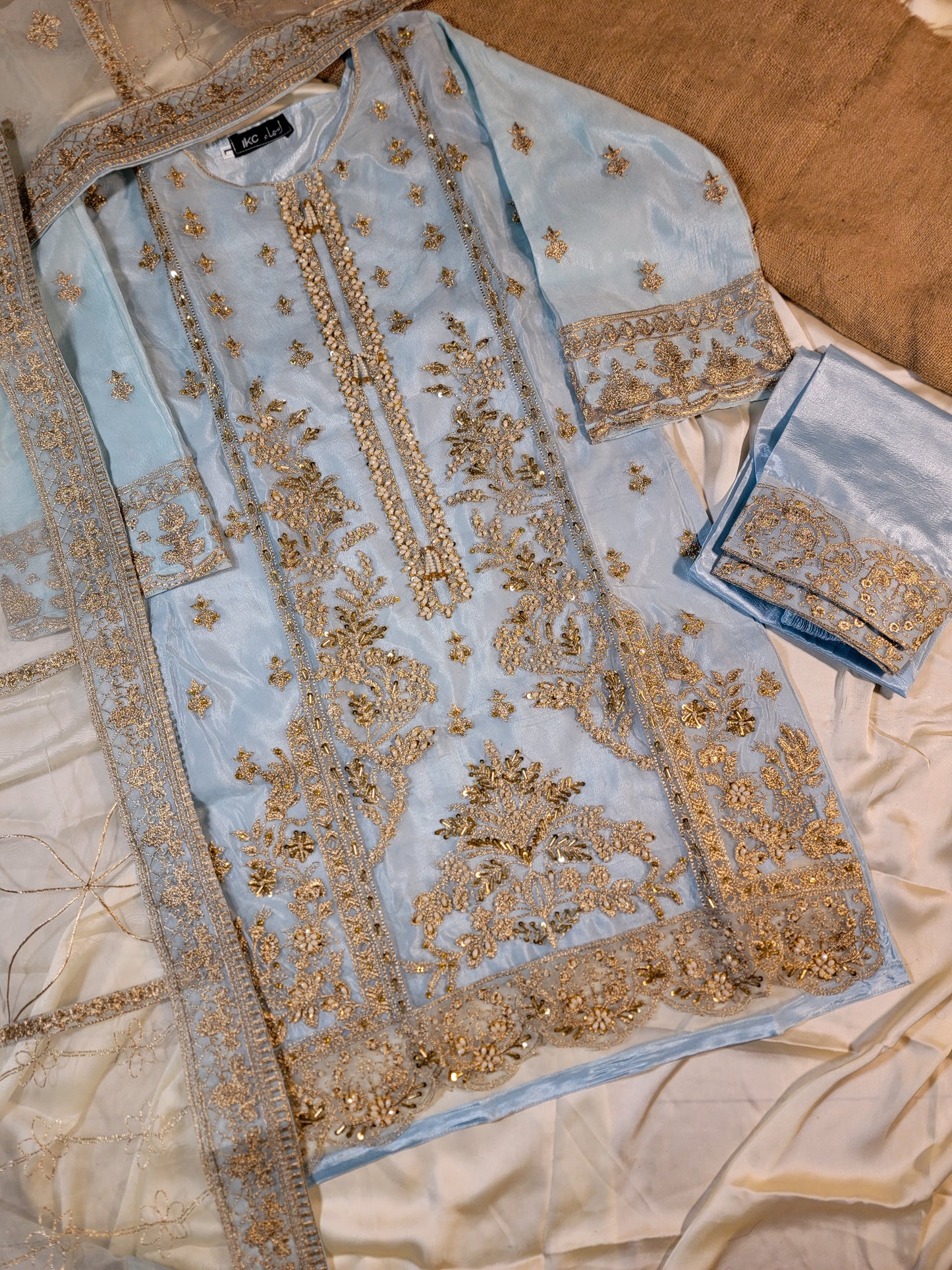 3PC Luxury Organza Embroidered With Full Hand-Made | 4 Borders Dupatta and Trousers