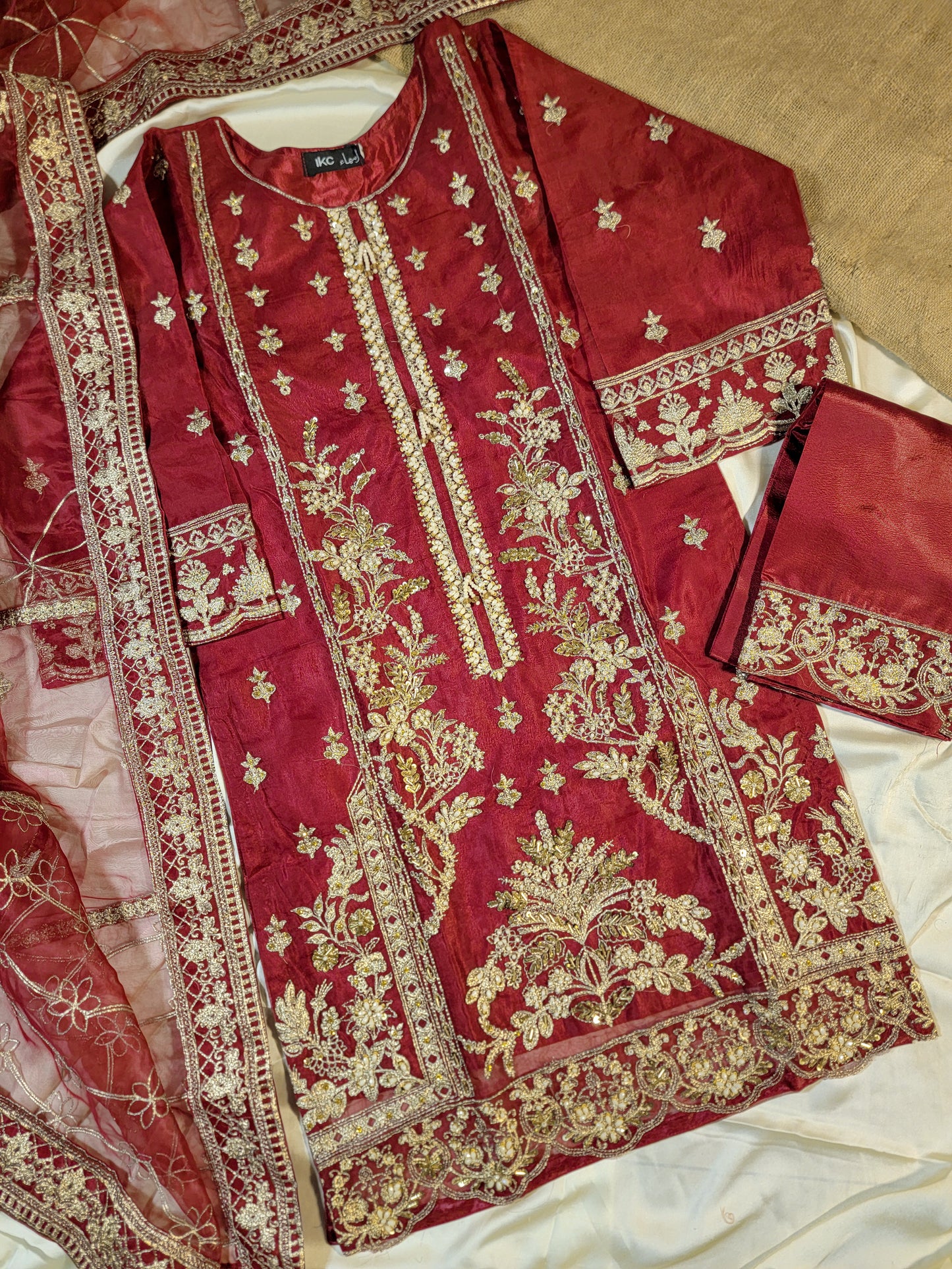 3PC Luxury Organza Embroidered With Full Hand-Made | 4 Borders Dupatta and Trousers