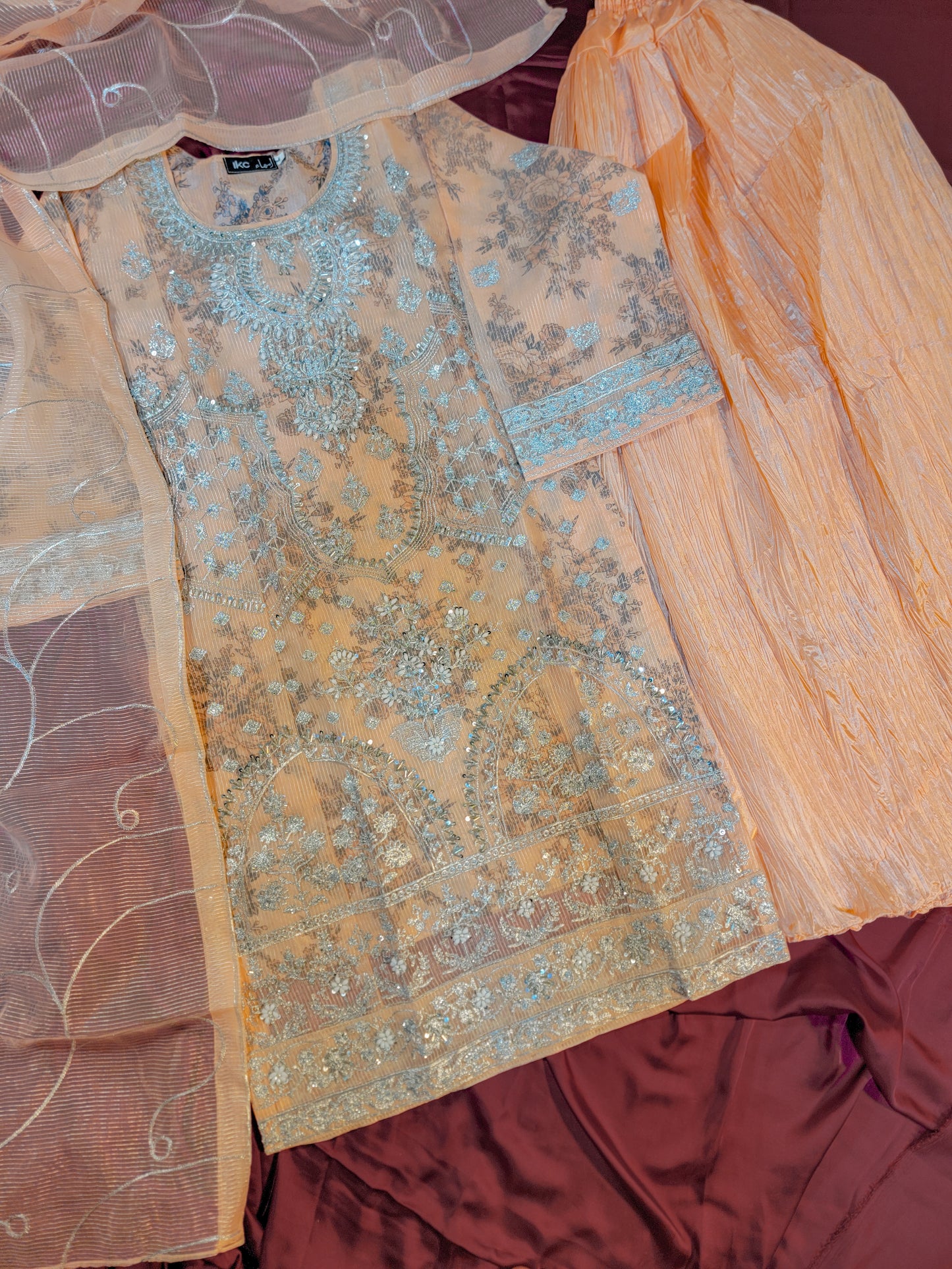 3PC Printed Embroidered Organza Shirt With Crushed Shararah | With Handwork