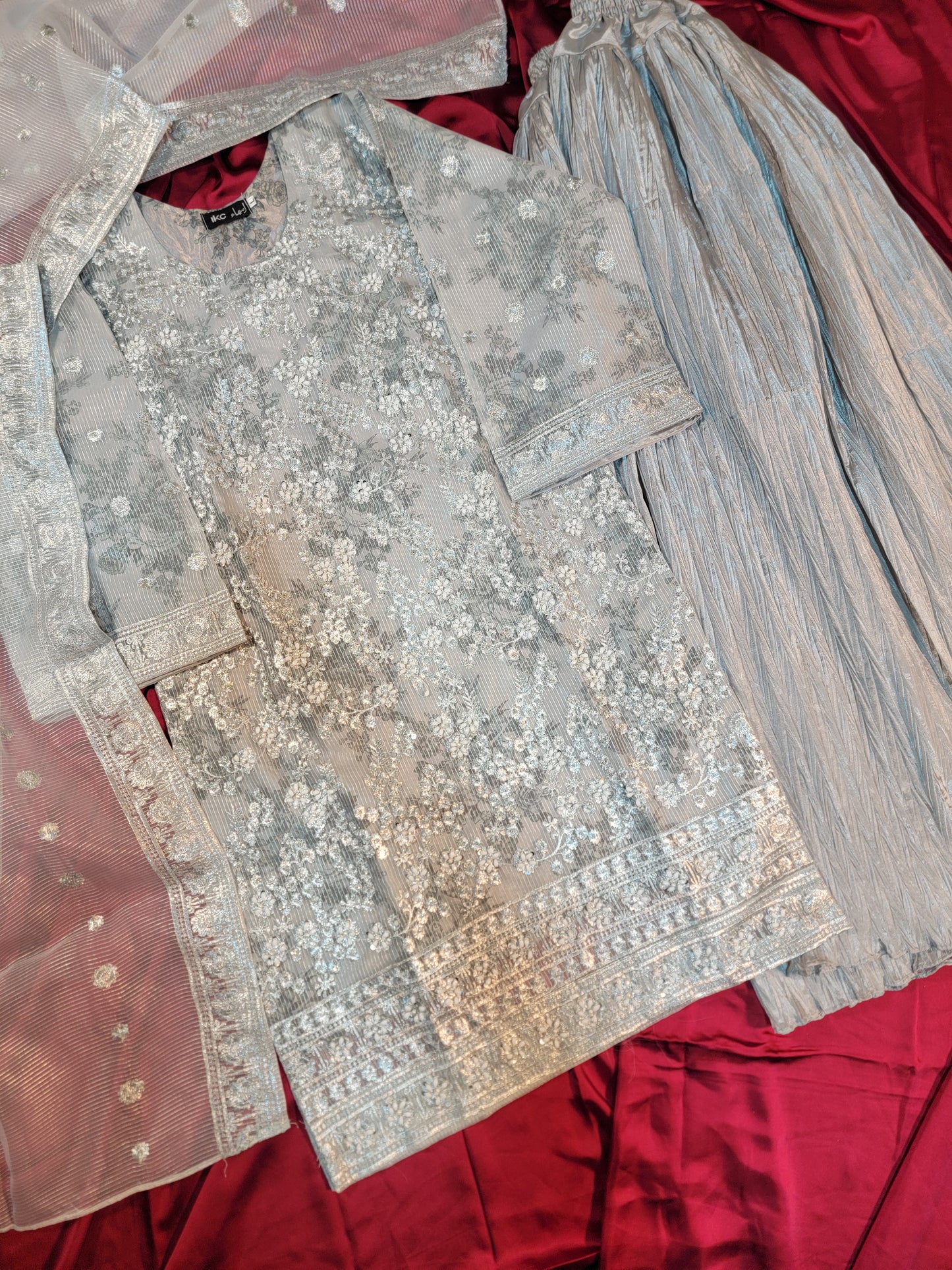 3PC Printed Embroidered Organza Shirt With Crushed Shararah | With Handwork