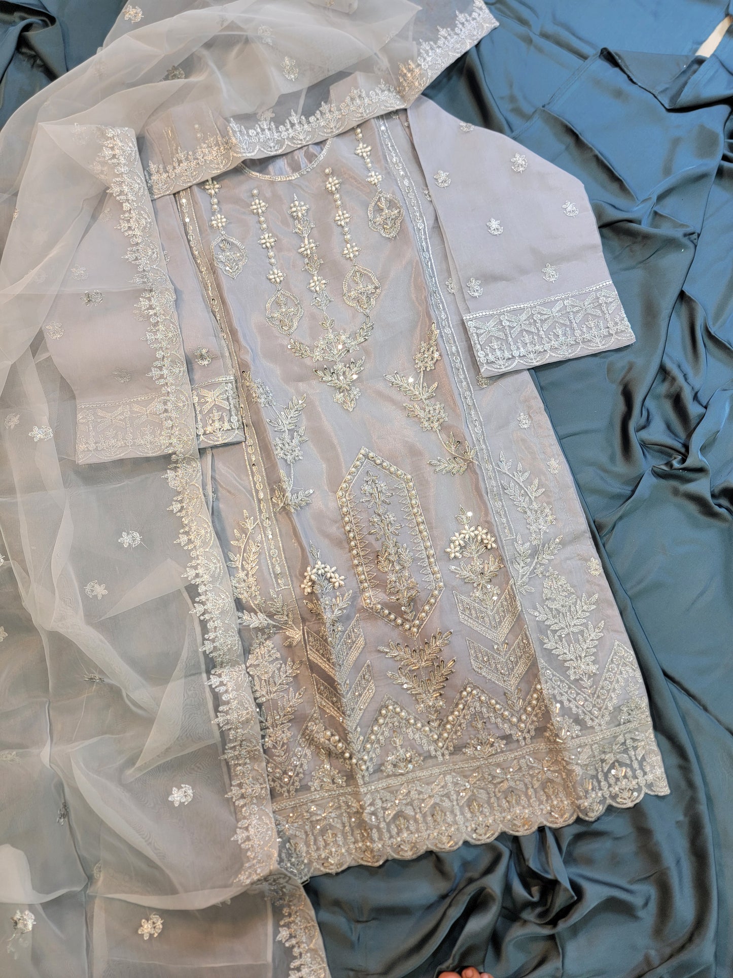 3PC Embroidered Organza Shirt With Crushed Shararah | With Handwork