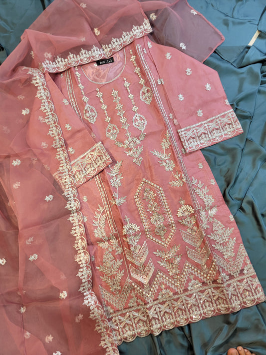 3PC Embroidered Organza Shirt With Crushed Shararah | With Handwork