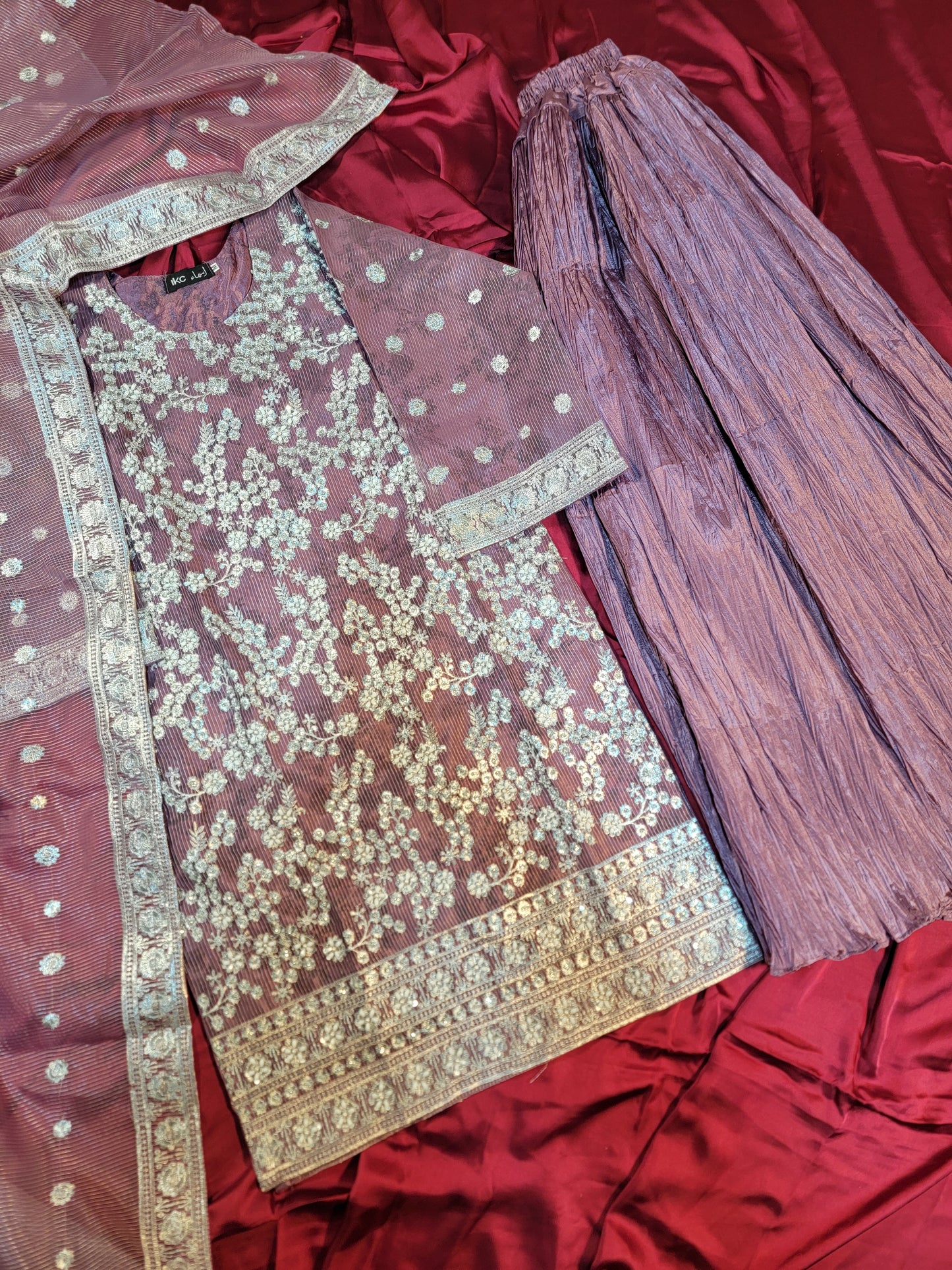 3PC Printed Embroidered Organza Shirt With Crushed Shararah | With Handwork