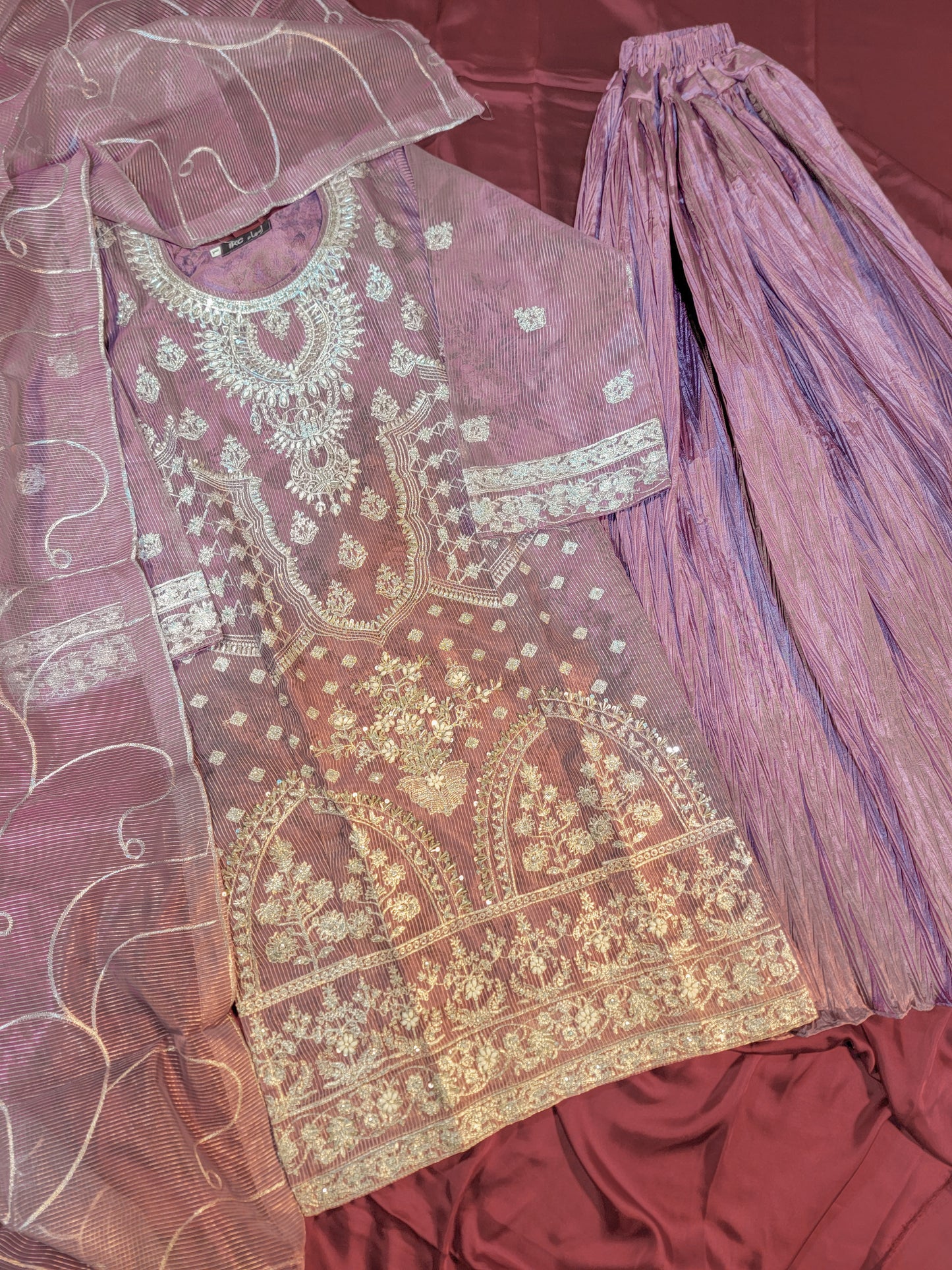 3PC Printed Embroidered Organza Shirt With Crushed Shararah | With Handwork