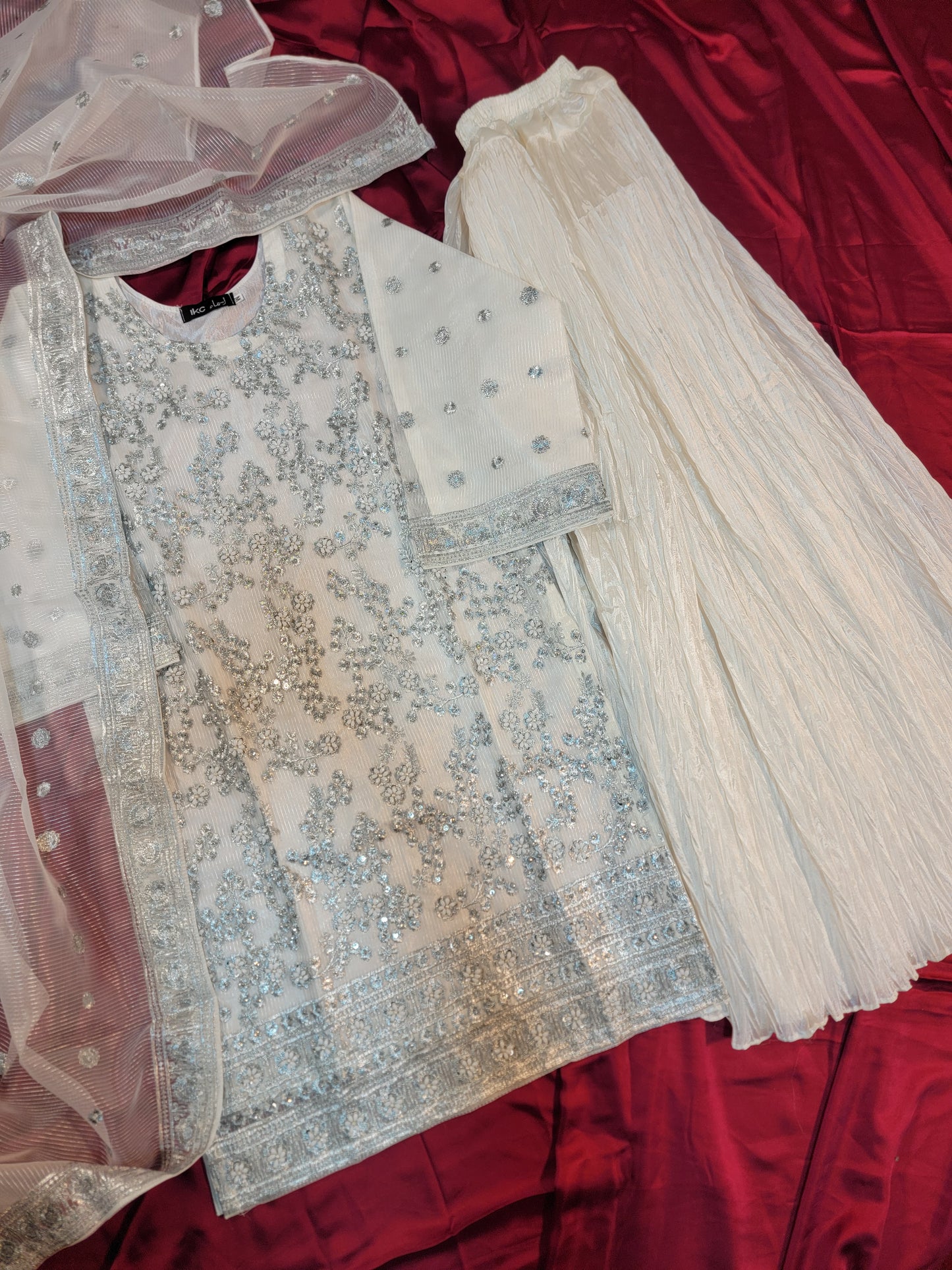 3PC Printed Embroidered Organza Shirt With Crushed Shararah | With Handwork