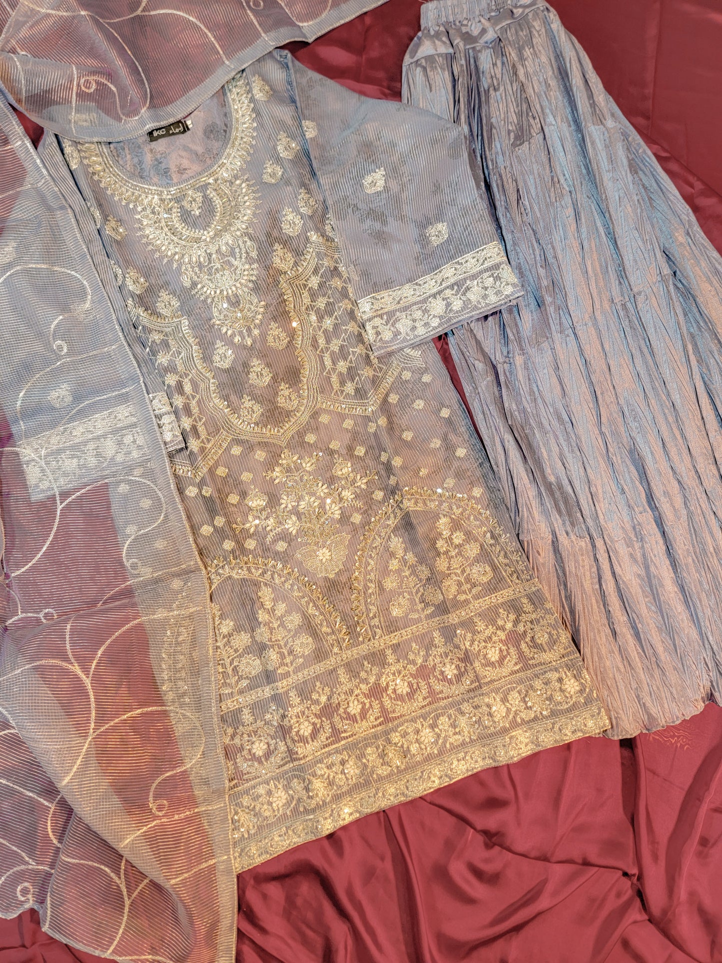 3PC Printed Embroidered Organza Shirt With Crushed Shararah | With Handwork