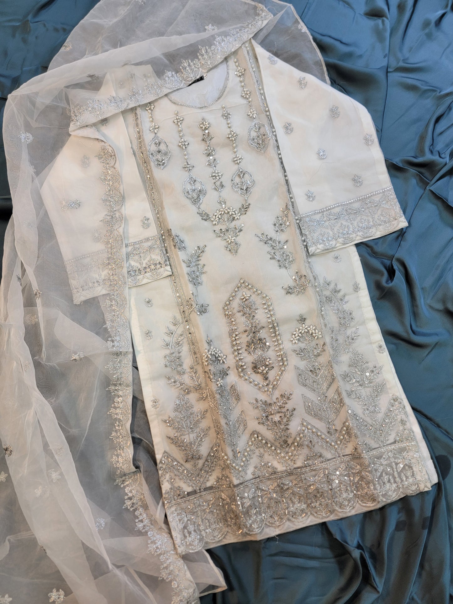 3PC Embroidered Organza Shirt With Crushed Shararah | With Handwork