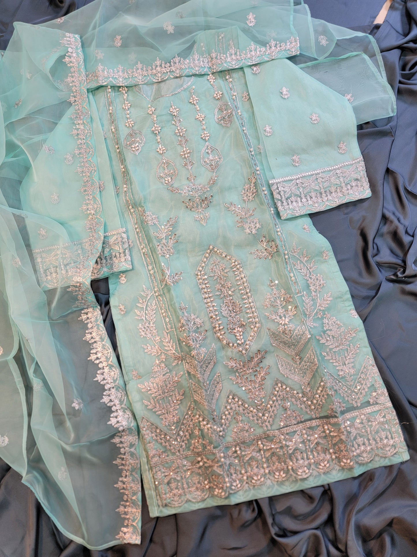 3PC Embroidered Organza Shirt With Crushed Shararah | With Handwork