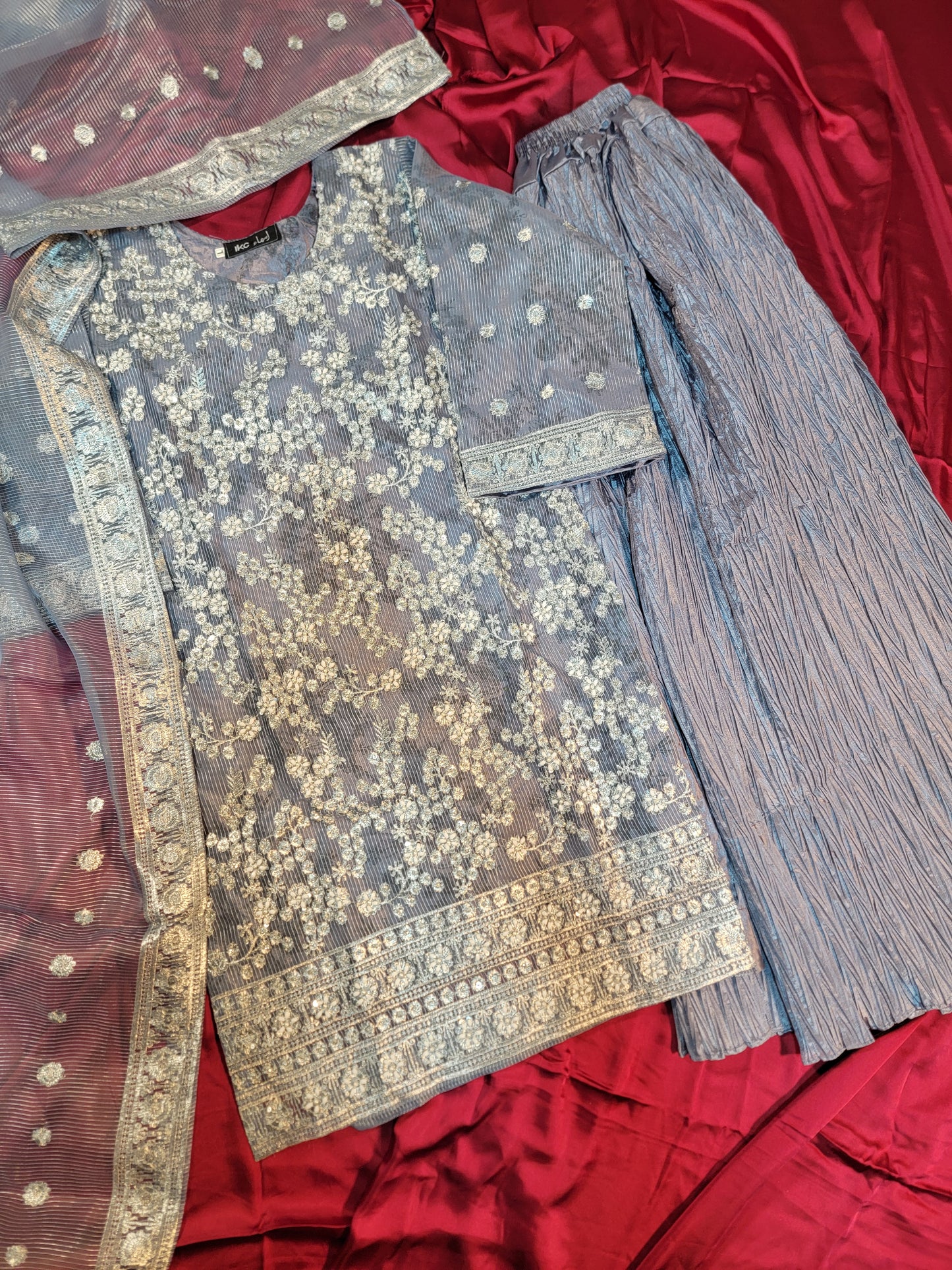 3PC Printed Embroidered Organza Shirt With Crushed Shararah | With Handwork